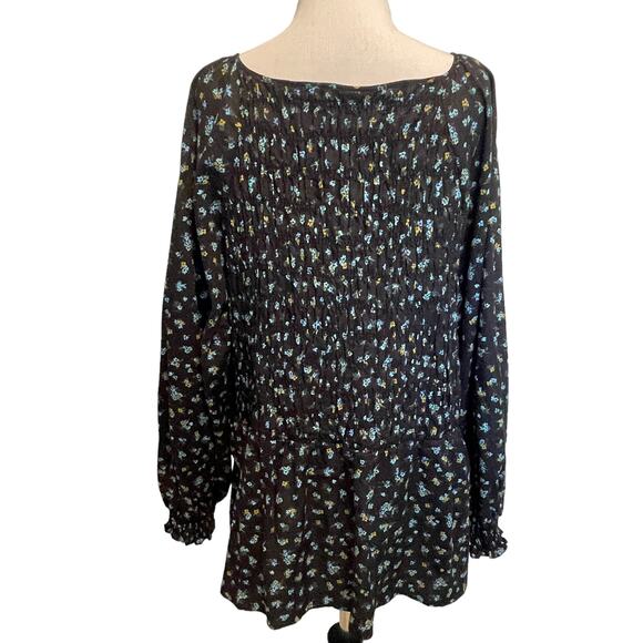 Ava & Viv Smocked Top Women's Size 2X Black Floral V-Neck Balloon Sleeves Cotton - Picture 4 of 10